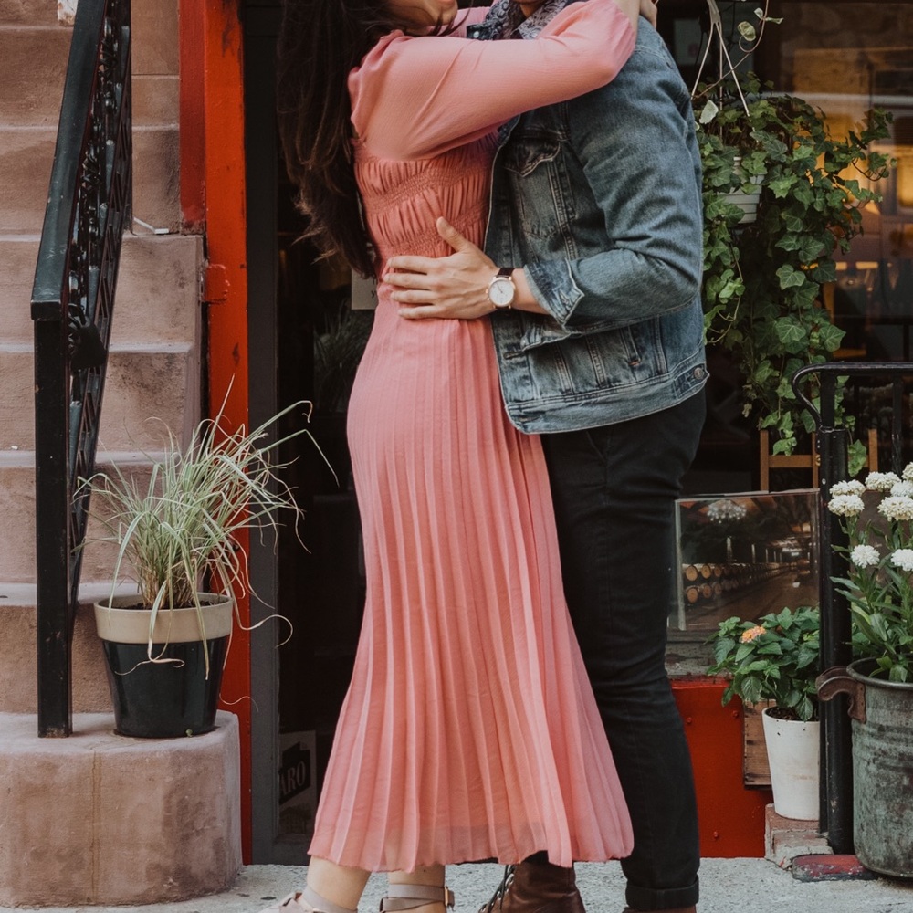 ASOS Pink Midi Dress with Smocked Bodice and Puff Sleeves - Picture 2 of 9